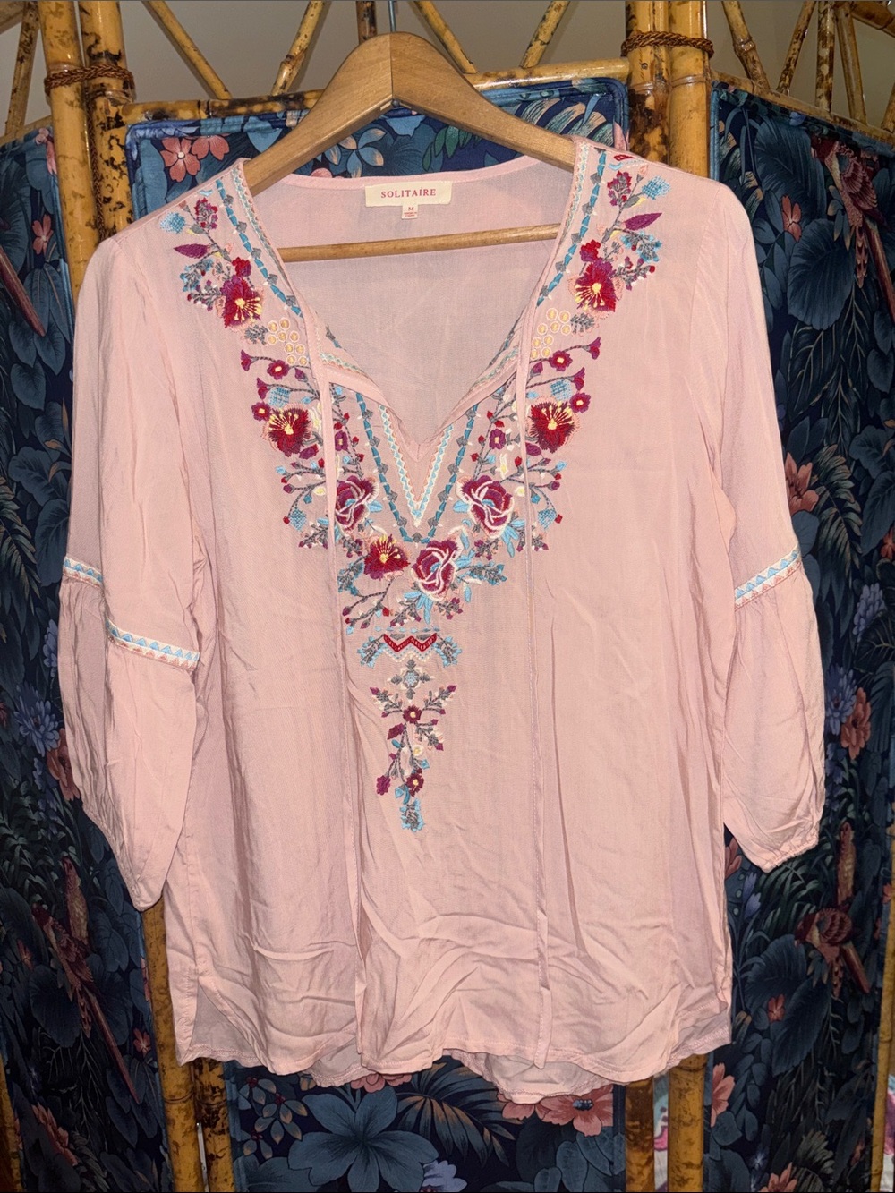 Solitaire Pink Embroidered V-Neck Tunic with Multicolor Floral Detail